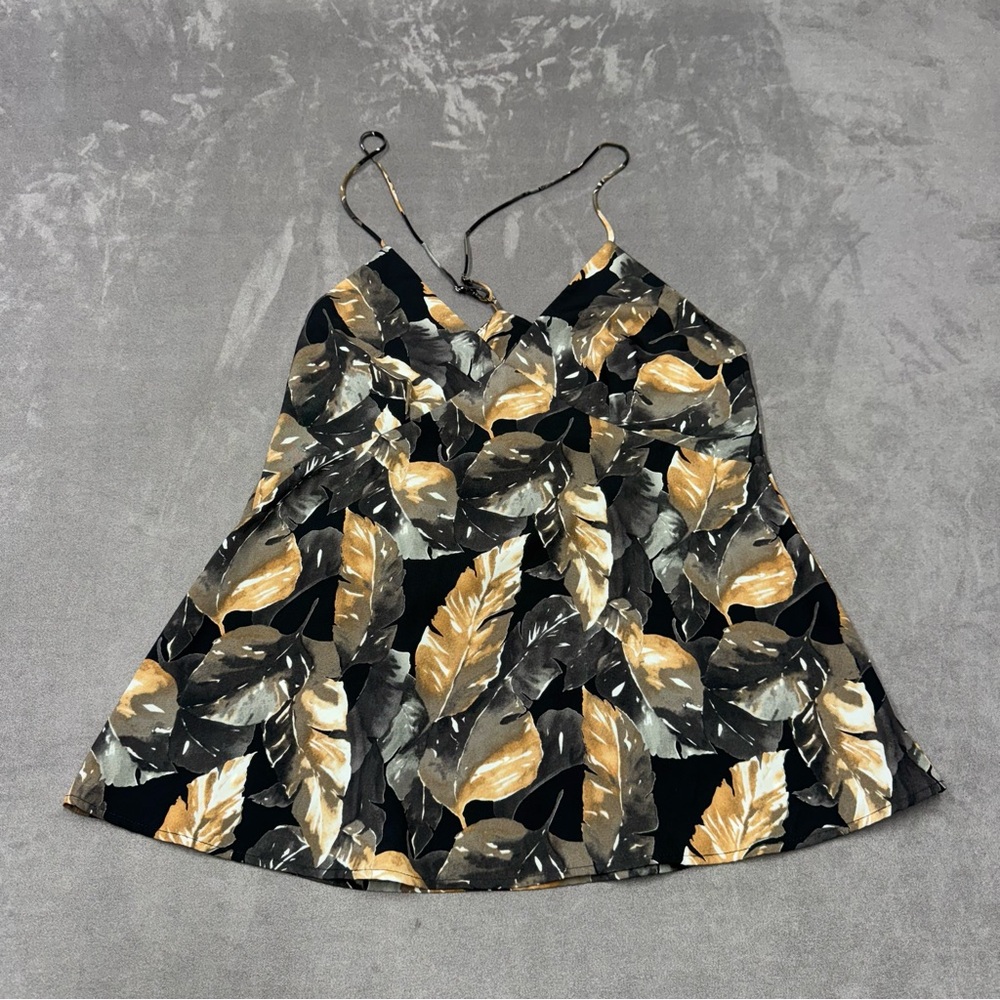 Tyche Black and Gold Leaf Print Camisole tank top flowy fitted women’s XS/S